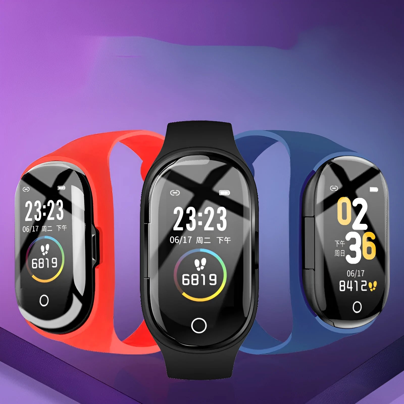 Smart bracelet earphone combo with touch screen display on silicone wristband in multiple colours