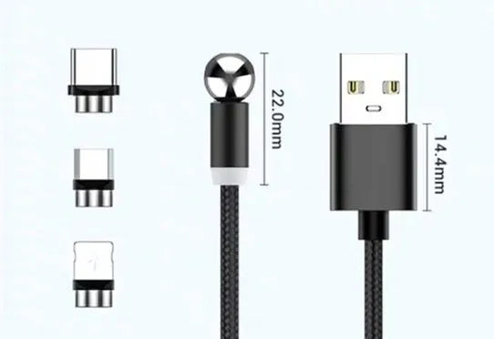 Black magnetic charging cable with spherical rotating head shown connected to mobile phone