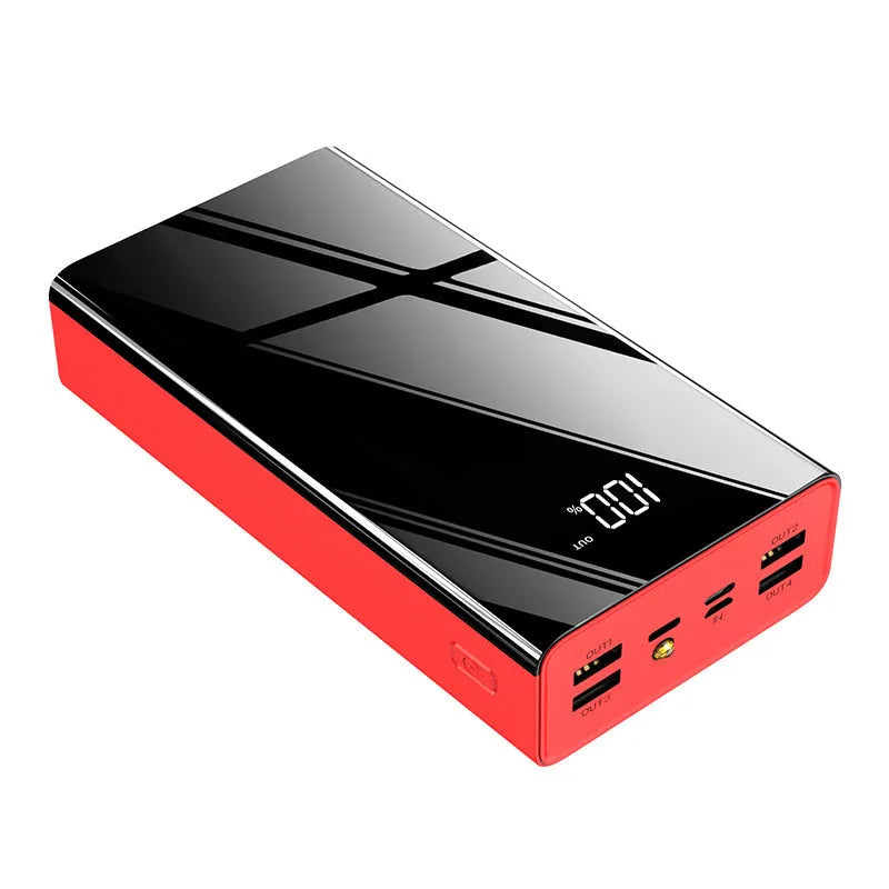 Large black or red 40000mAh power bank showing LCD display with plastic case.