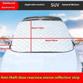 Large aluminium foil winter car cover with reflective stripes and magnets, shown fitted on an SUV front windshield.