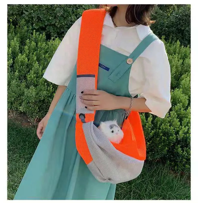 Breathable mesh pet travel messenger shoulder bag for cat or dog in green with adjustable straps and D-ring