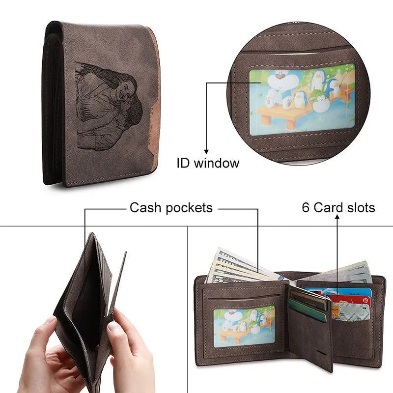 Coffee coloured horizontal PU leather men's wallet with a space for personalised photo engraving.