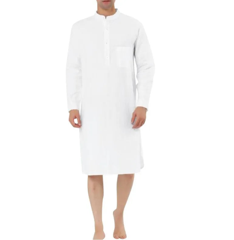 Men's shirt-style cotton robe in multiple colour options on a size chart.
