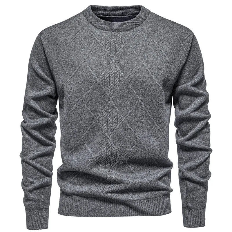 Men's fleece-lined thick round neck knitted undershirt in winter pullover style with long sleeves