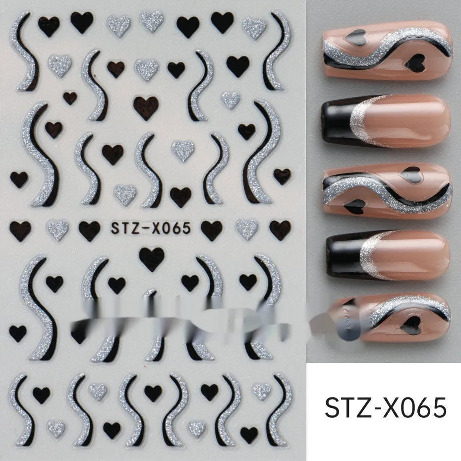 Cartoon nail art stickers sheet with black and silver love heart designs