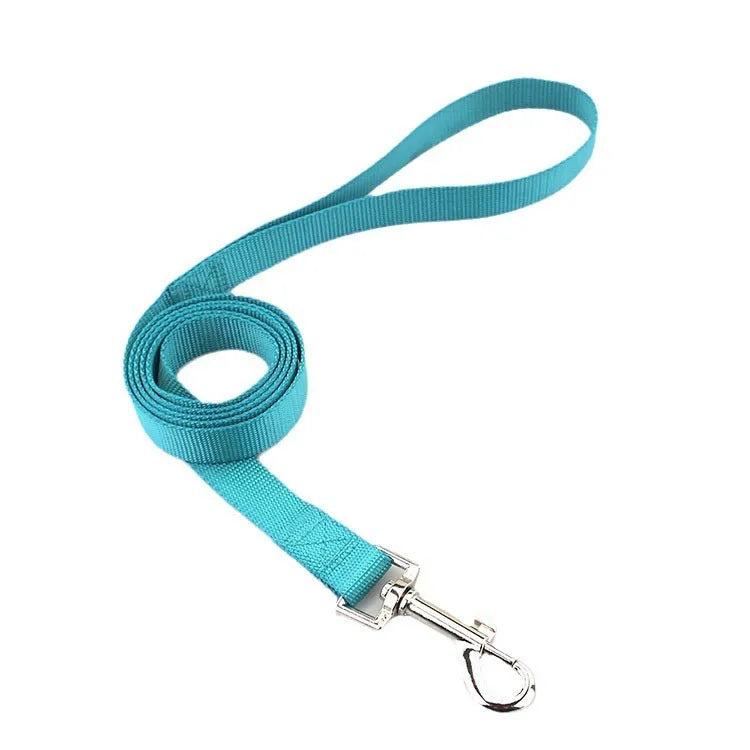 Solid colour polyester dog hand holding rope in blue, shown with a choice of width specifications.