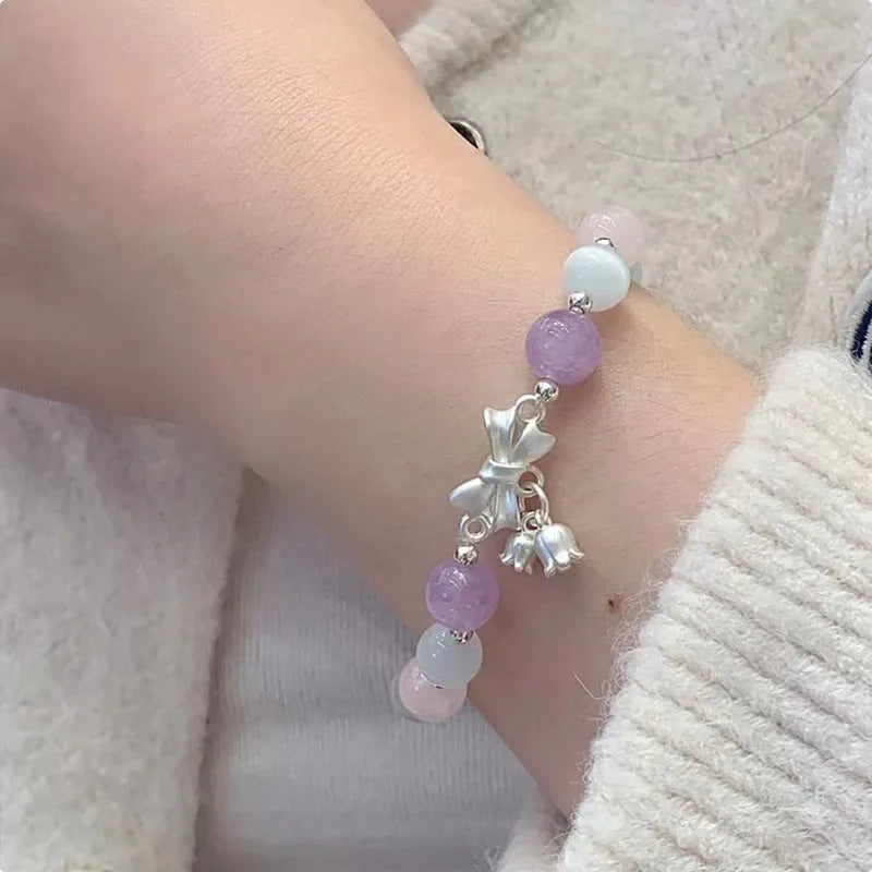 Lavender purple bowknot two-shihuan opal bracelet with 10mm electroplated crystal beads