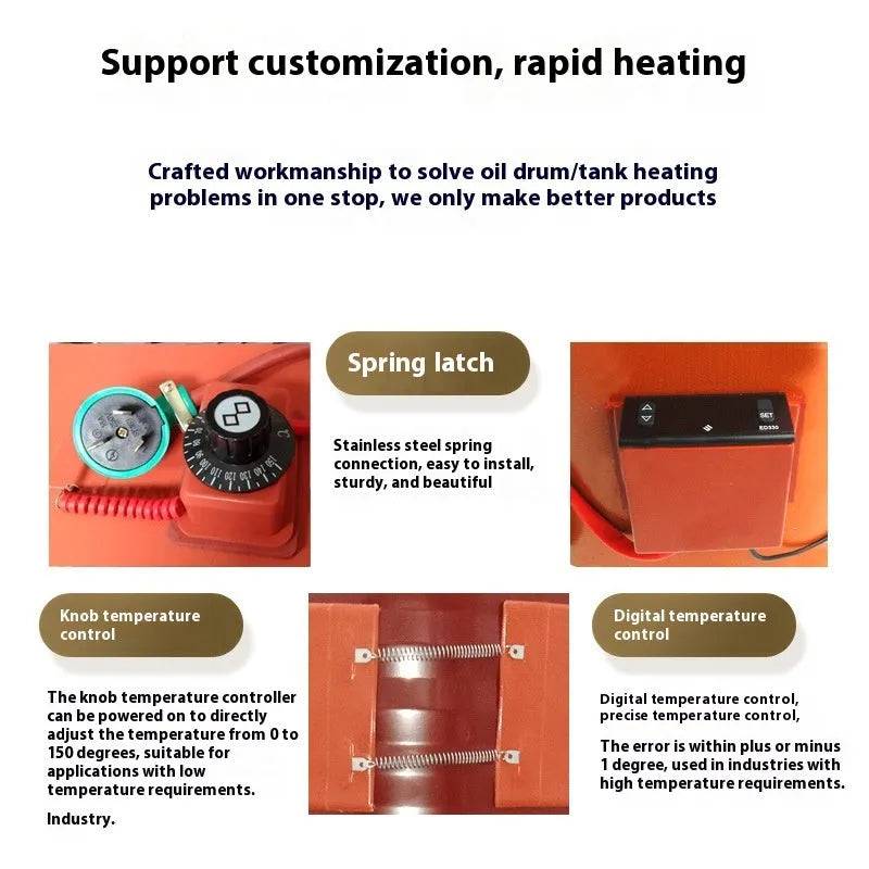 Silicone rubber heating belt wrapped around a 200-litre oil drum with digital display control unit.