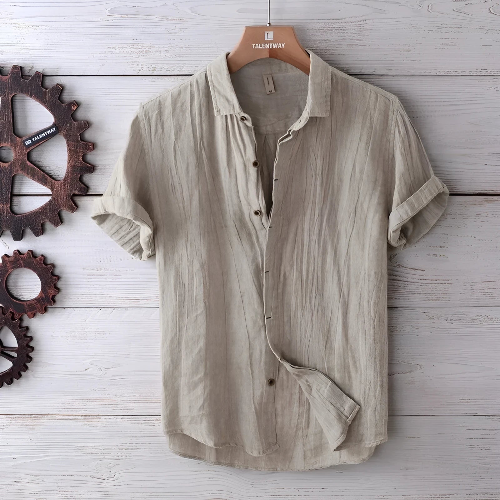 Men's solid colour retro distressed linen shirt in white, front view, summer casual button-down