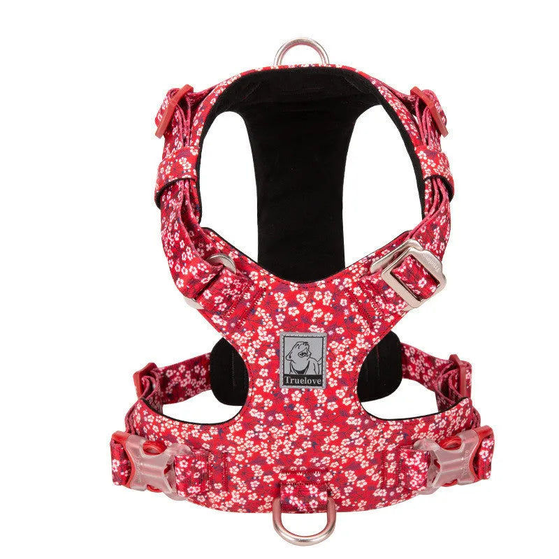 Floral pattern dog harness with chest strap design in pure cotton fabric