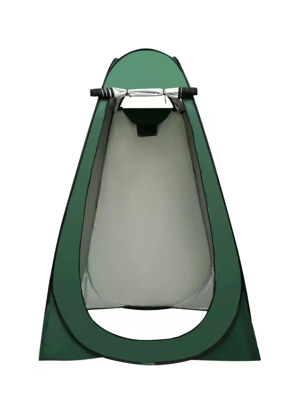 Blue and silver fast-opening camping changing tent set up outdoors with two windows.
