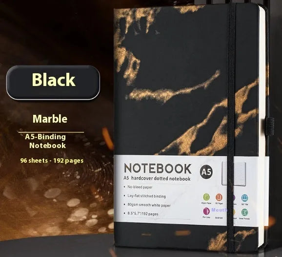 A5 diary with soft PU leather cover in a skin feeling texture, open to show horizontal line pages.