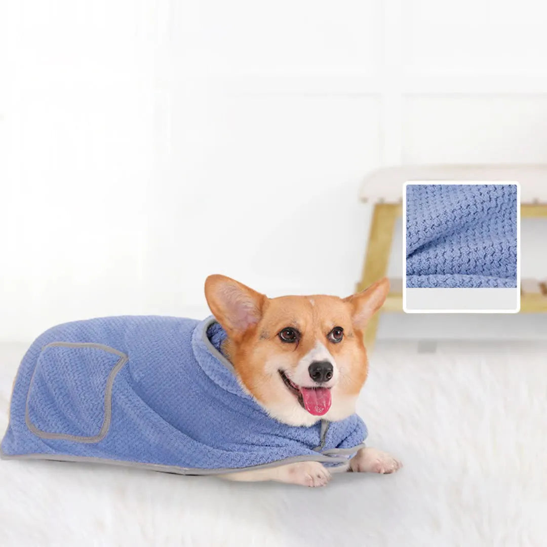 Blue microfiber dog bath robe towel with adjustable waistband wrapped around a dog
