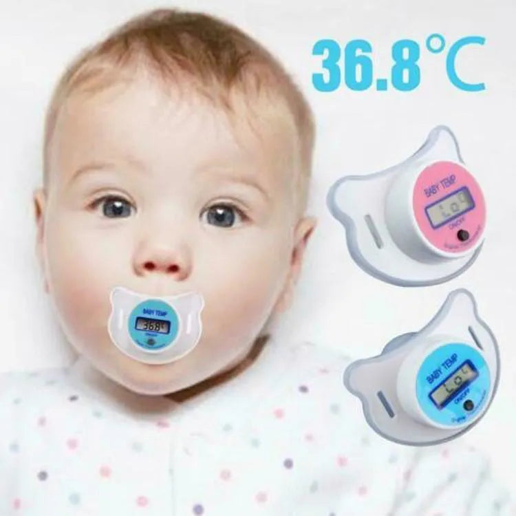 Baby pacifier digital thermometer with LCD display in pink and blue colours