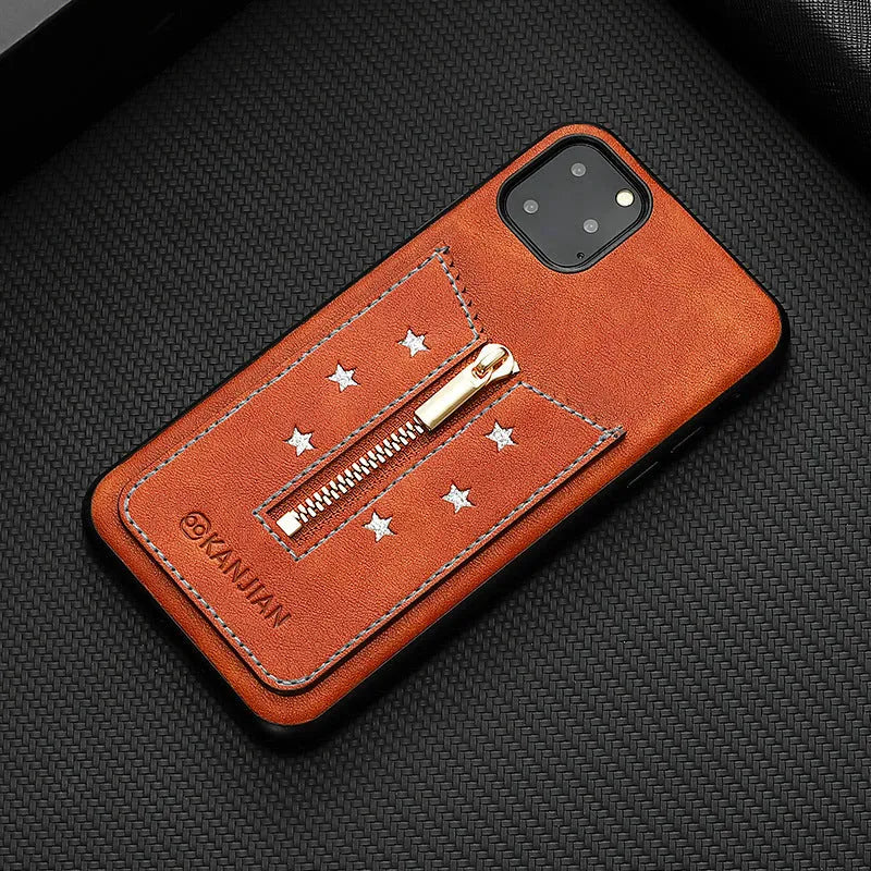 Black PU zipper phone case for iPhone 11 Pro with anti-fingerprint finish
