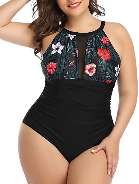 Women's black one-piece swimsuit with lace trim on mannequin, showing front and back.