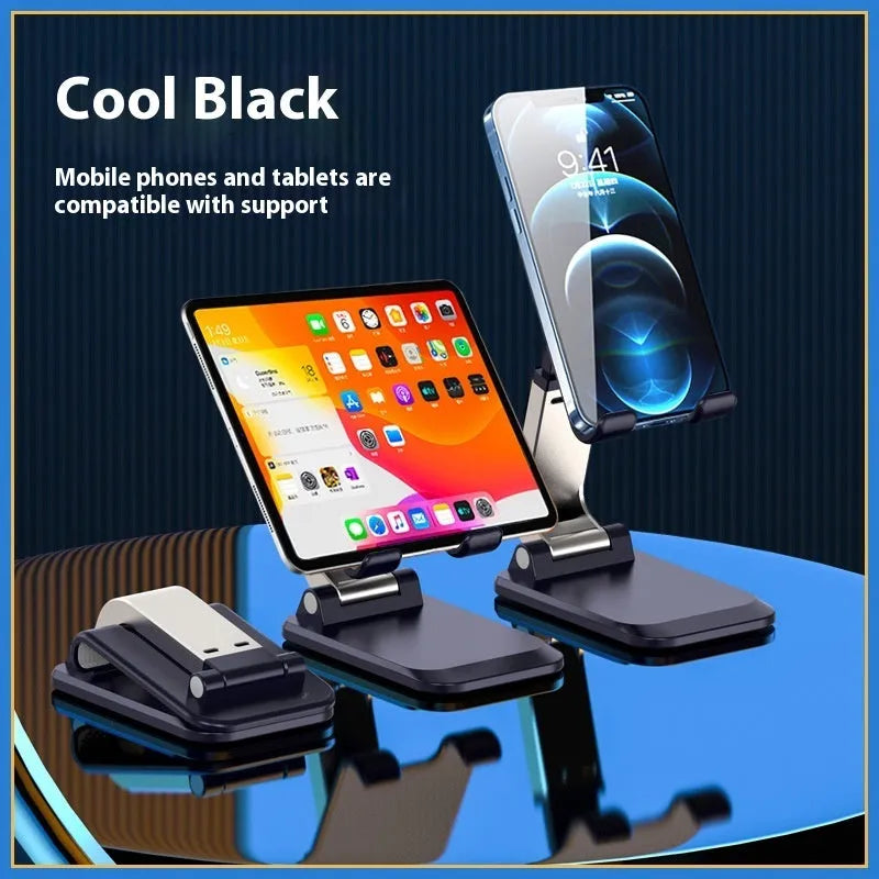 Folding portable desktop stand for mobile phones and tablets with weighted aluminium alloy base