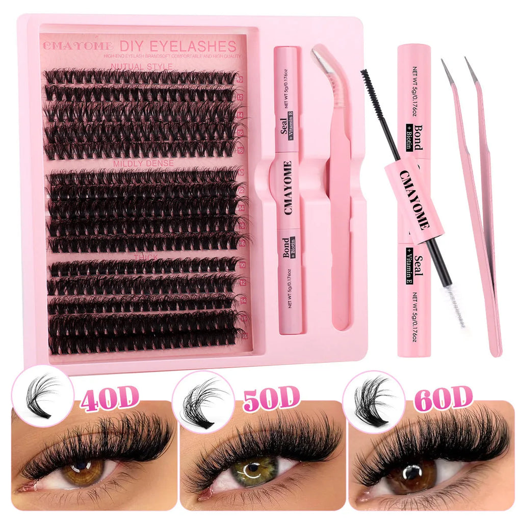 DIY false eyelashes extension kit showing cluster lashes and precision application tweezers