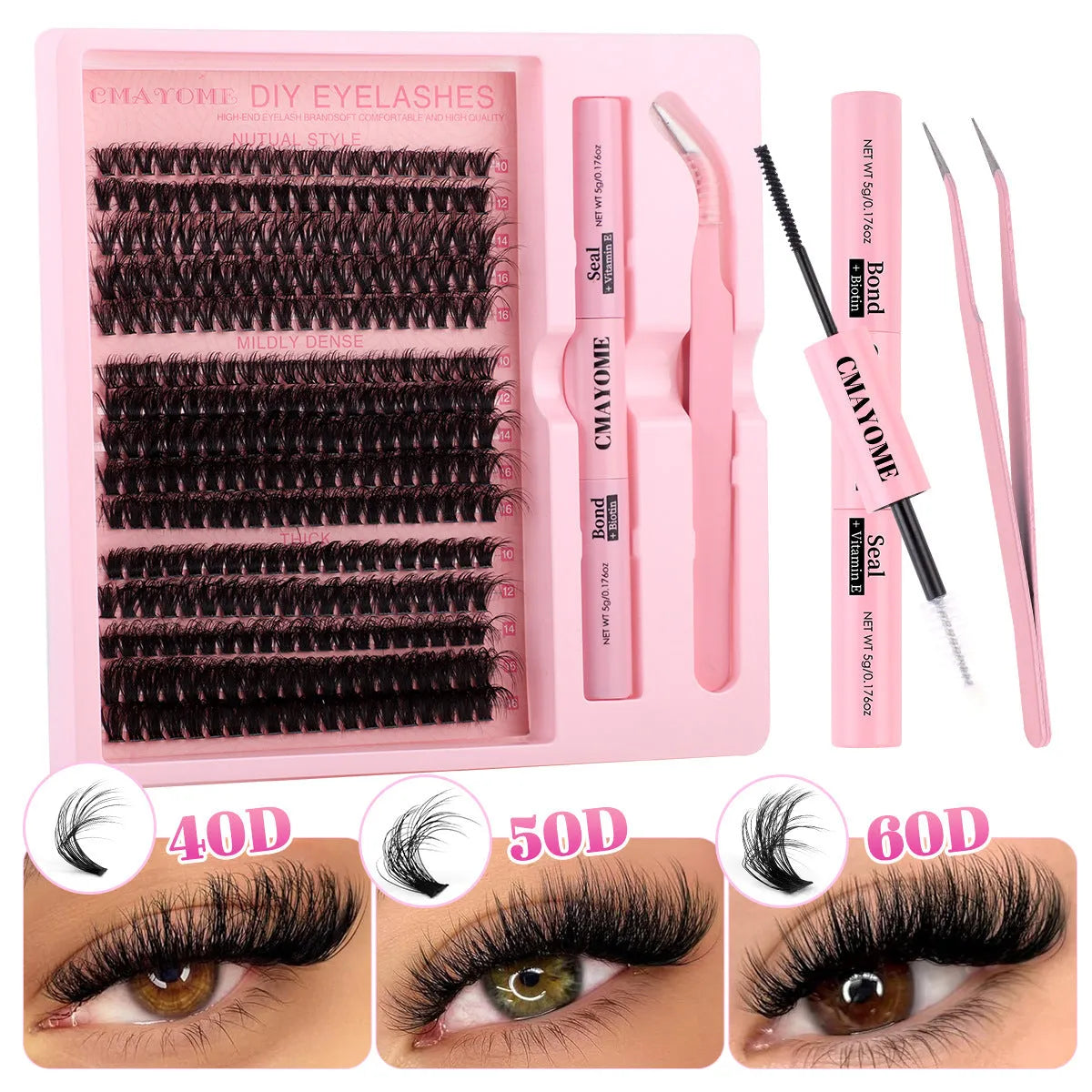 DIY false eyelashes extension kit showing cluster lashes and precision application tweezers