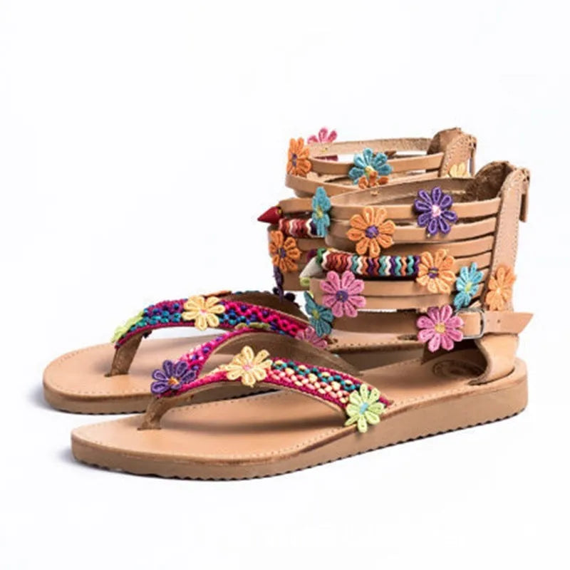 Ethnic beaded petal Roman sandals with artificial PU upper and floral decorations