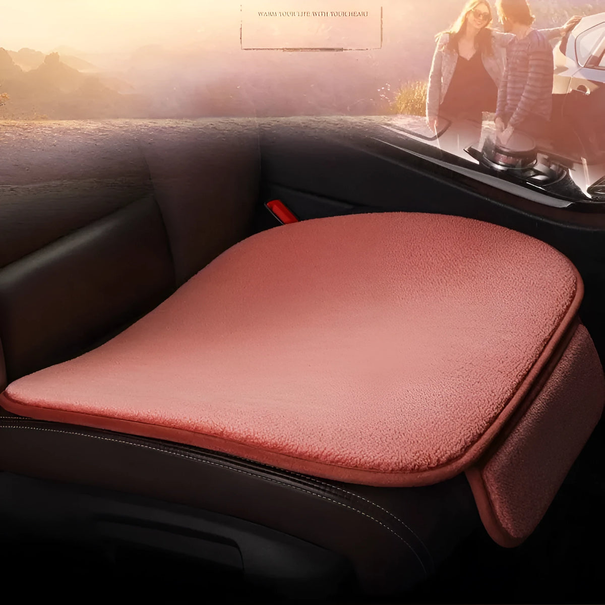 Fleece plush winter car seat cushion without backrest in black colour on a grey car seat