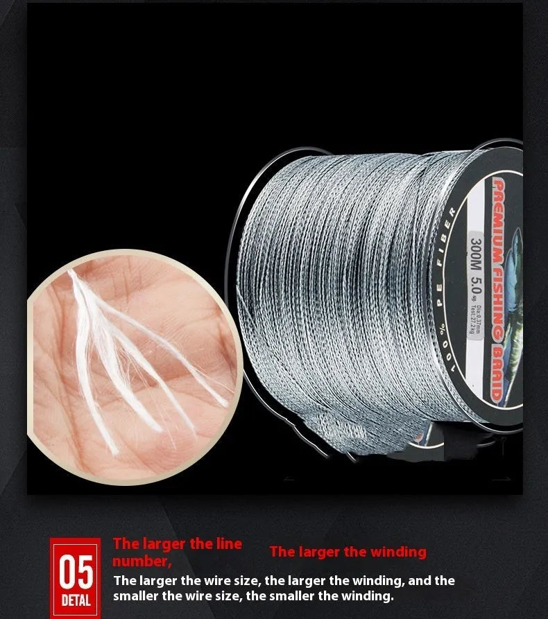 Spool of Dali Mayu 300 metre PE braided fishing line in a selected colour with labelled line strength.