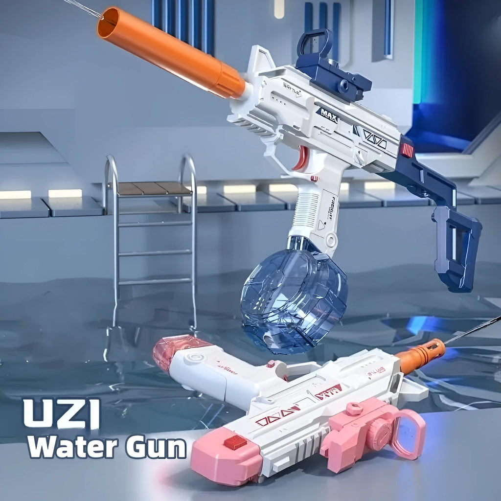 Children automatic electric UZI backpack water gun in technology blue with long barrel and double water clip on grass.