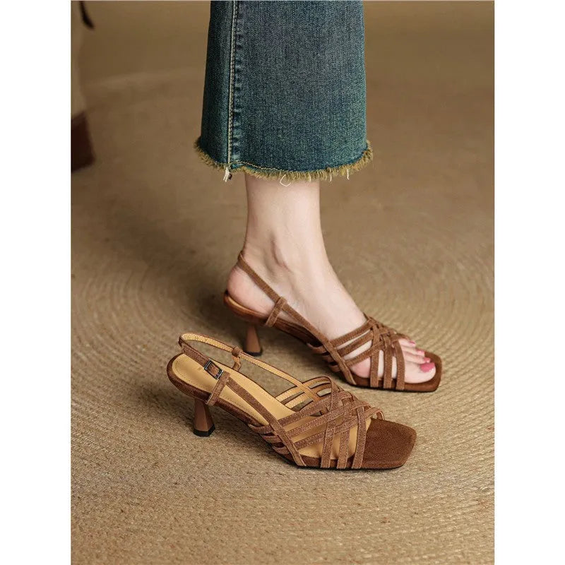Women's retro high heel sandals with thin cross straps and ankle buckle in light brown