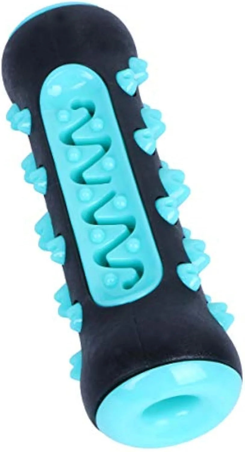 Natural rubber dog toothbrush chew toy in blue with cleaning bristles, shown next to a size scale.
