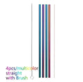 Set of reusable stainless steel straws in different colours and diameters with a cleaning brush.