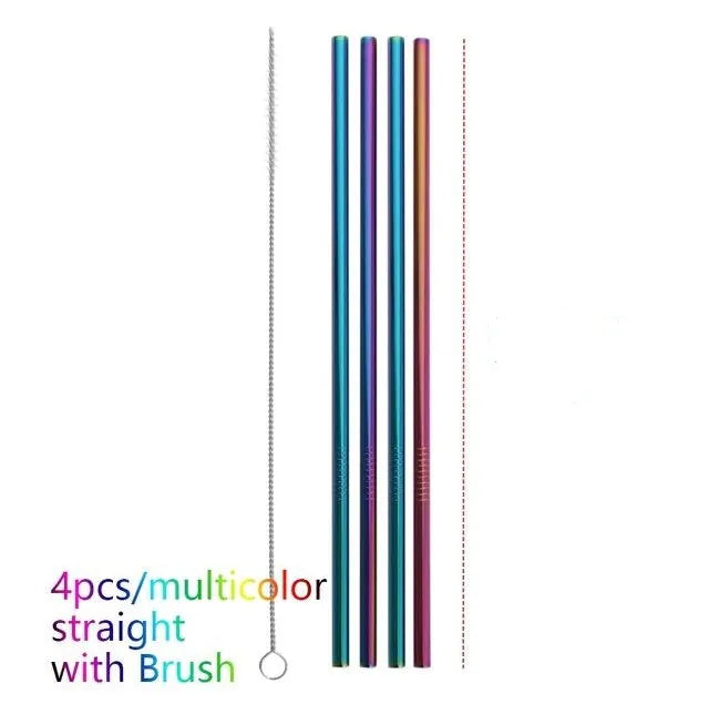 Set of reusable stainless steel straws in different colours and diameters with a cleaning brush.