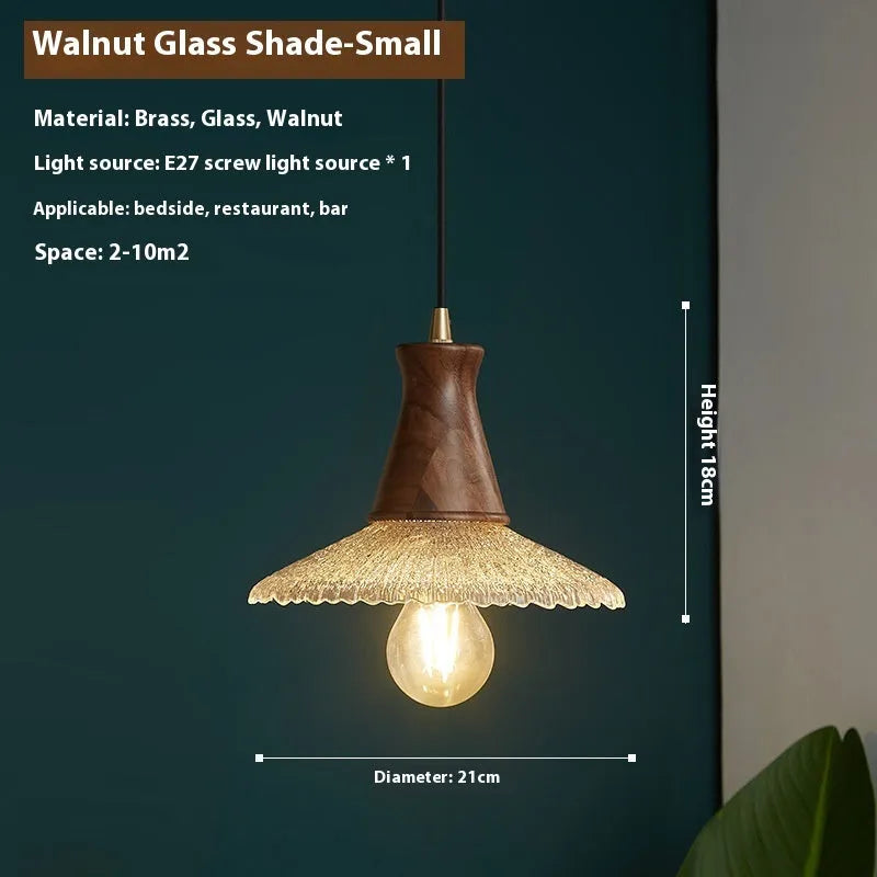 Retro brass and glass chandelier with solid wood body in three size options