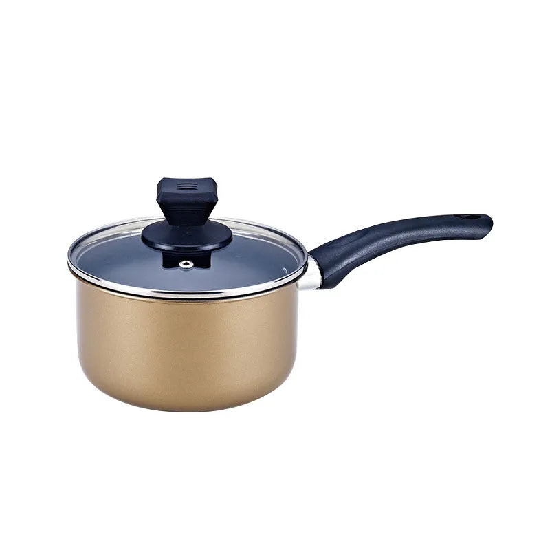 Three-piece cast iron cookware set with soup pot, milk pot and wok featuring non-stick coating