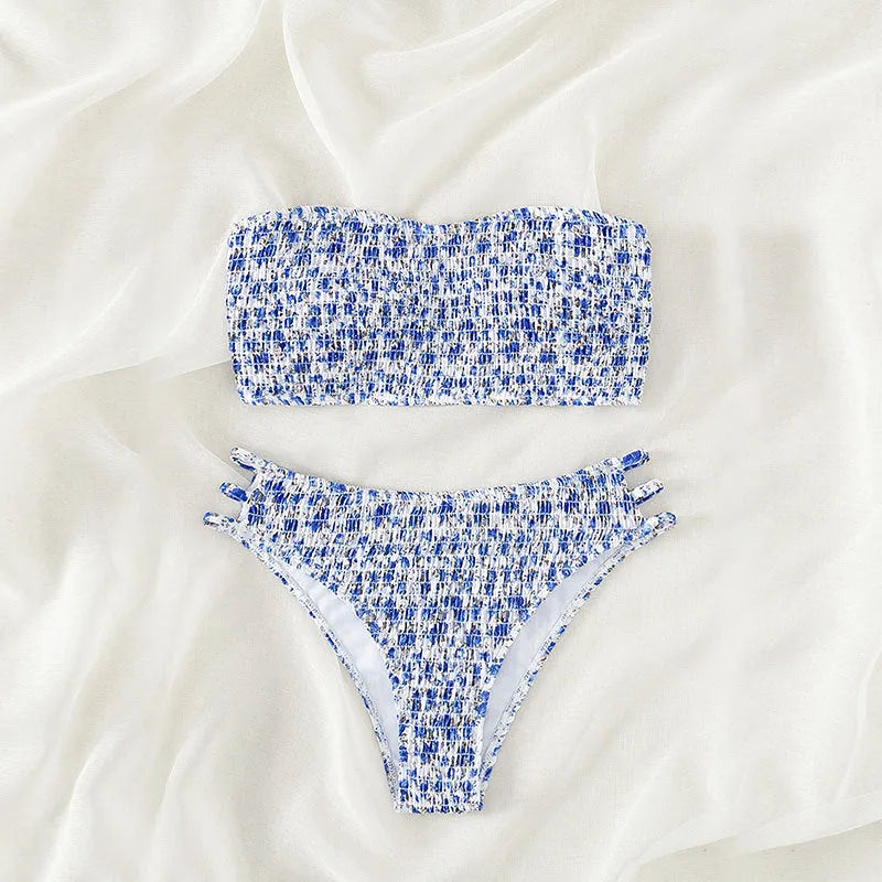 Women's strapless floral swimsuit with high-waisted briefs in multiple colour patterns