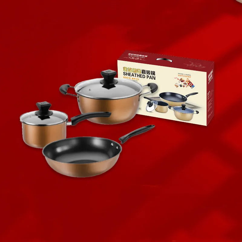 Three-piece cast iron cookware set with soup pot, milk pot and wok featuring non-stick coating