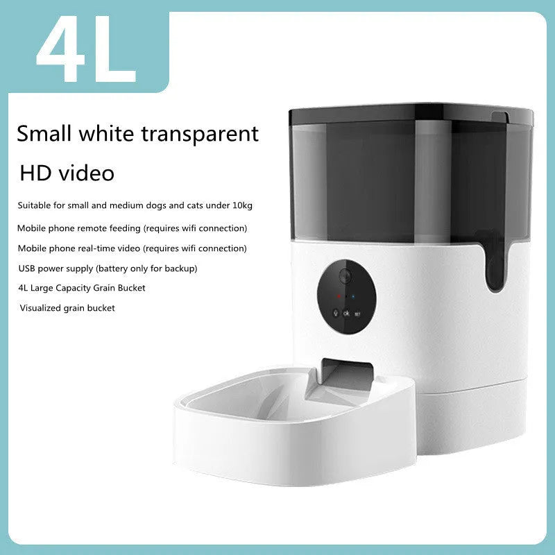 White smart pet automatic feeder with 6 litre capacity, stainless steel tray, and digital timer on a kitchen counter
