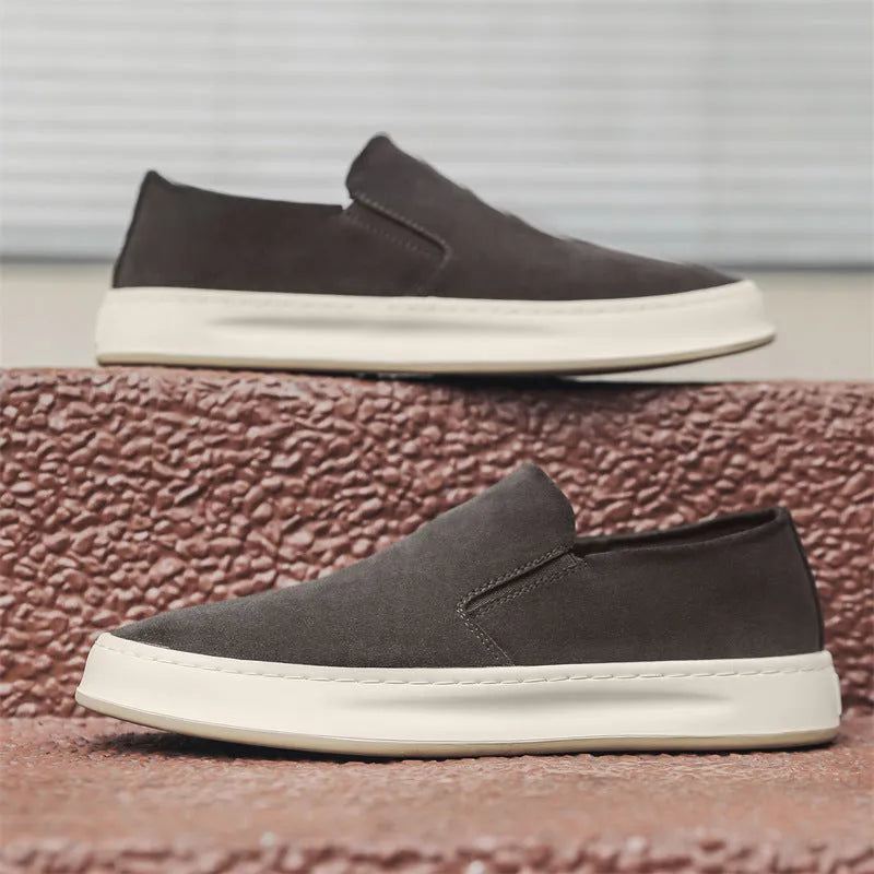 Men's grey and apricot casual shoes with round toe design and height increasing insoles