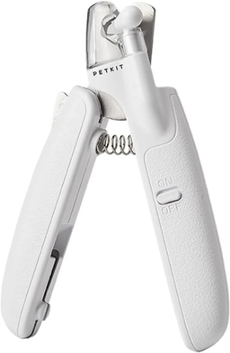 White pet nail clippers with LED light on the handle and a clear anti-splash guard covering the blades.