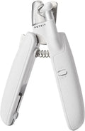 White pet nail clippers with LED light on the handle and a clear anti-splash guard covering the blades.