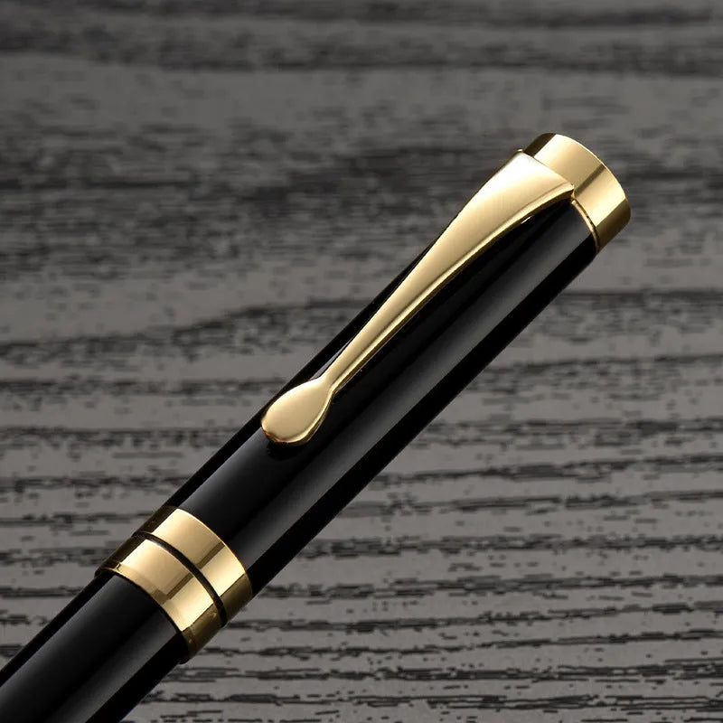 Metal fountain pen with colour options including black, blue, red, white with gold or silver clips
