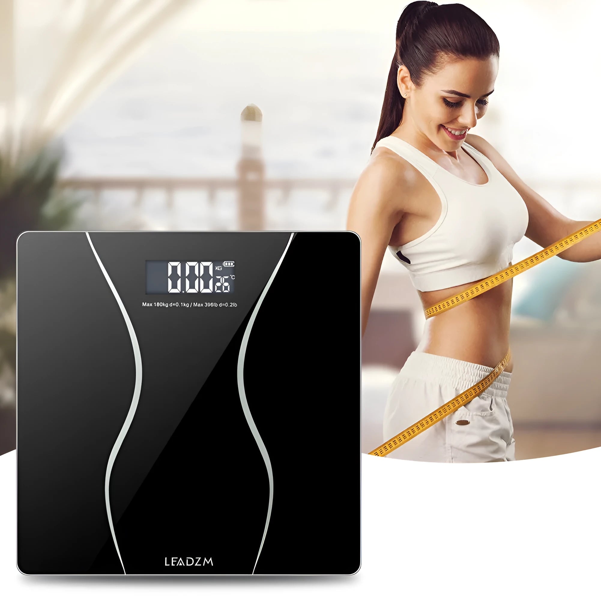 Black electronic digital bathroom scale on a hard floor, showing a weight reading on its display.