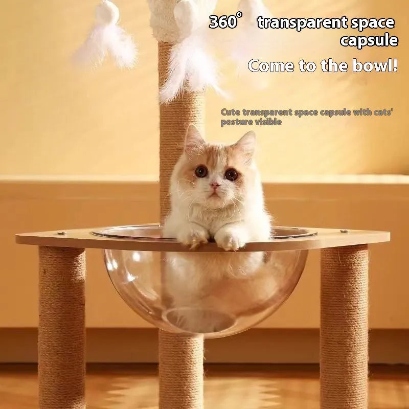 Wooden cat climbing frame with space capsule in luxury colour finish