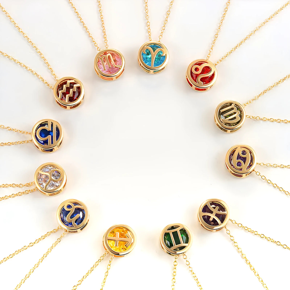 Gold twelve constellations necklace with copper zodiac pendant on clavicle chain