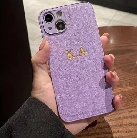 Gold-embossed personalised name on imitation leather phone case for iPhone with all-inclusive glass coverage