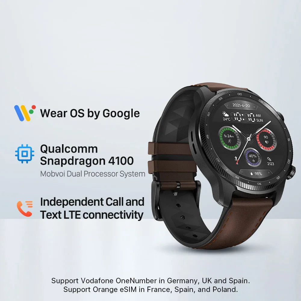 Ticwatch Pro X 47mm black smart watch with 4G LTE calling and dual-layer display on wrist