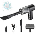 Black handheld wireless car vacuum cleaner with USB charging cable for portable interior cleaning