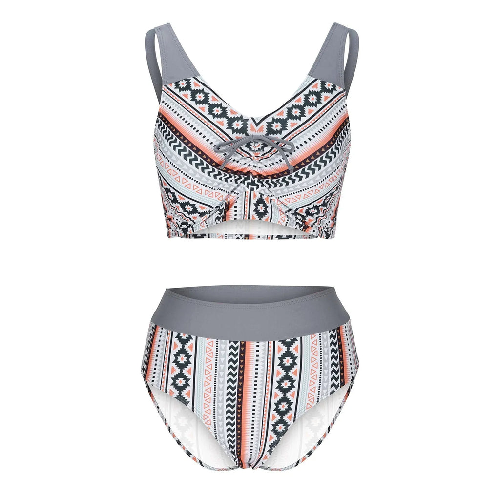 Blue women's cross sling split swimsuit with briefs cut on model