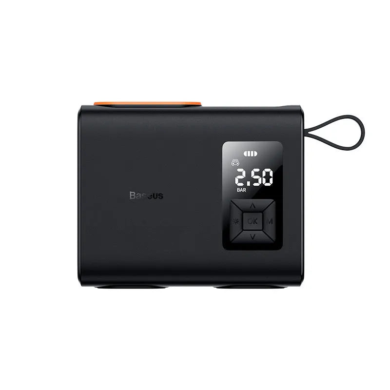 Black portable wireless car tyre electric inflator pump with LED light and digital display.