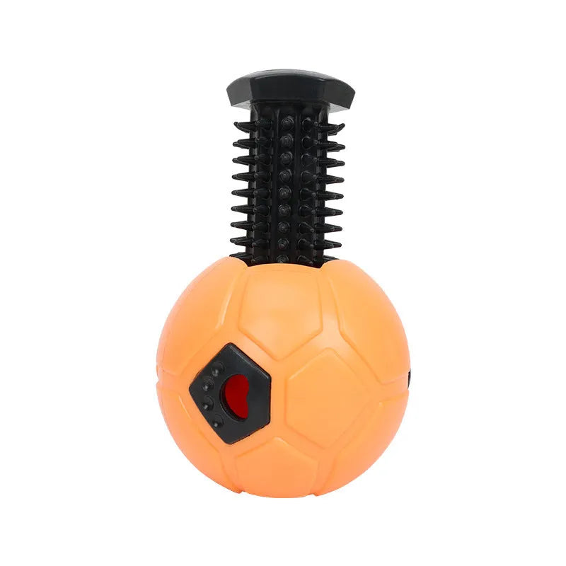 Orange and white TPR rubber dog toy ball showing hollow and teeth cleaning stick variations