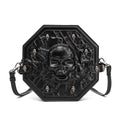 Black embossed Halloween messenger bag with three-dimensional front pocket and crossbody strap
